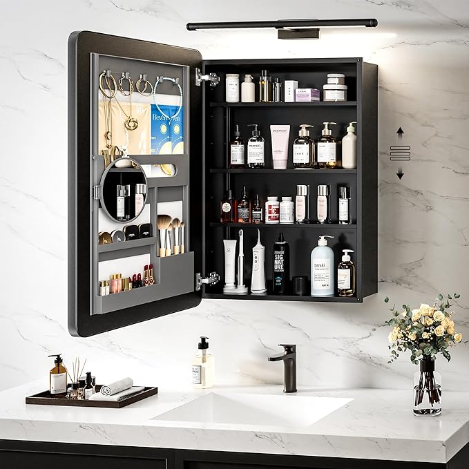 Medicine Cabinet with Mirror, 20x30 Inch Aluminum Bathroom Cabinet with Adjustable Shelves, Built-in Makeup Storage, Recessed or Surface Mount, Soft Close Hinges, Matte Black