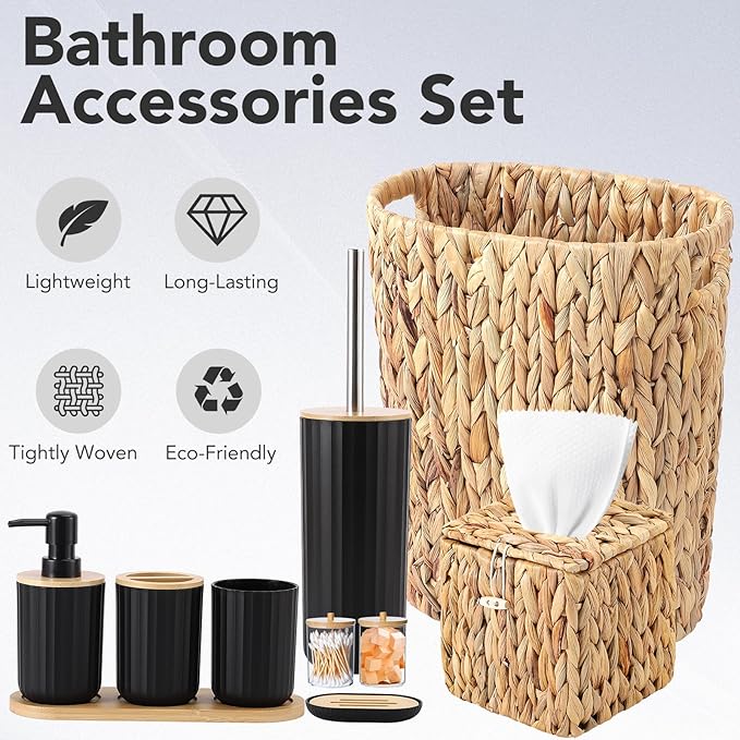 Bathroom Accessory Set, 10 Pieces Bath Set- Wicker Trash Can Tissue Box Soap Dish Toothbrush Holder Rinse Cup Lotion Bottle Toilet Brush Qtip Holder - Practical Bathroom Decor Sets (Ratten, Black)