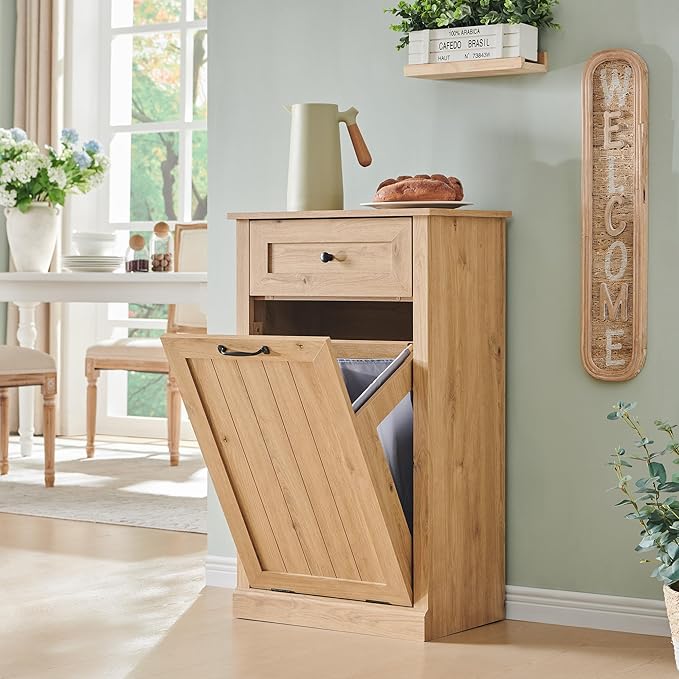 IFBUY Tilt Out Laundry Hamper Cabinet, 10 Gallon Farmhouse Trash Can Cabinet with Drawer, Hidden Wood Garbage Can Bin Cabinets with Laundry Storage Basket for Bathroom, Kitchen, Natural