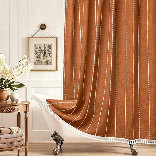 72 x 76 inch Extra Long Boho Chic Shower Curtain Heavyweight with Tassels, Sunset Orange Linen Textured Fabric Farmhouse Shower Curtain, Elegant White Striped Bathroom Curtain Water Repellent