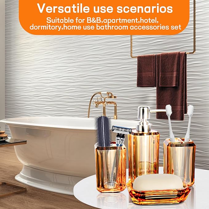 Bathroom Accessories Set,4 Pcs Premium Acrylic Bathroom Accessory Set Complete w/Lotion Soap Dispenser,Mouthwash Cup,Soap Dish,Toothbrush Holder,Orange Bathroom Decor Sets,Gift for Home Apartment