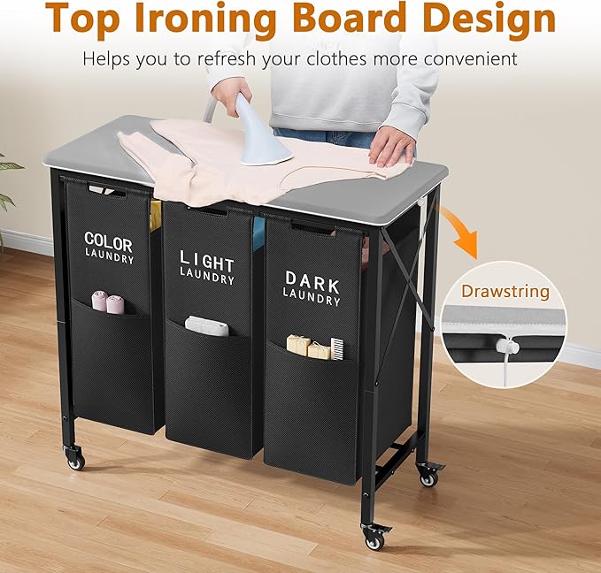 Gewudraw 3 Section Laundry Sorter with Ironing Board, Laundry Hamper with Removable Bags, Heavy Duty Rolling Laundry Cart with Lockable Wheels for Bathroom Bedroom, black