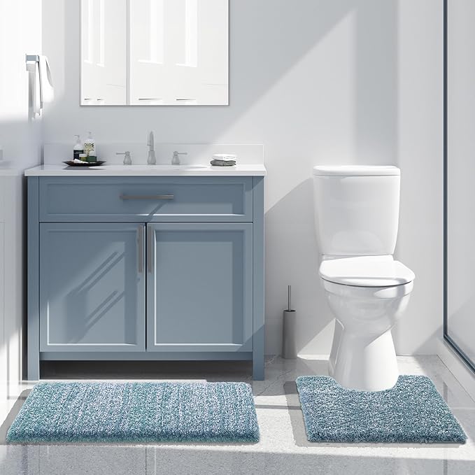 Yimobra Bath Rugs for Bathroom 32x20, Ultra Soft and Water Absorbent Bath Mats, Non Slip Plush Shower Rugs, Microfiber Thick Matts for Bathroom Floor/Tub, Machine Washable, Denim Blue and White