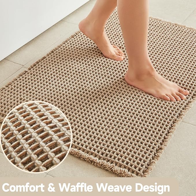 Waffle Runner Rug Bathroom, Long Boho Bathroom Rugs Non Slip Washable Super Absorbent Quick Dry Farmhouse Bath Decor, 72"x24" Beige