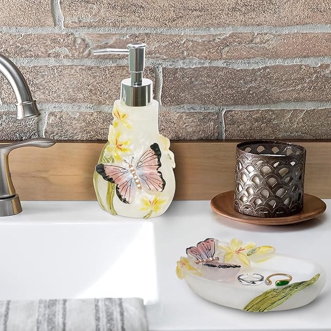 Decorative Bathroom Accessory Vanity Set Including Tumblers, Soap Dish, Shampoo and Body Wash Liquid Soap Dispenser and Toothbrush Holder, Gift for Girl with Butterfly Pattern