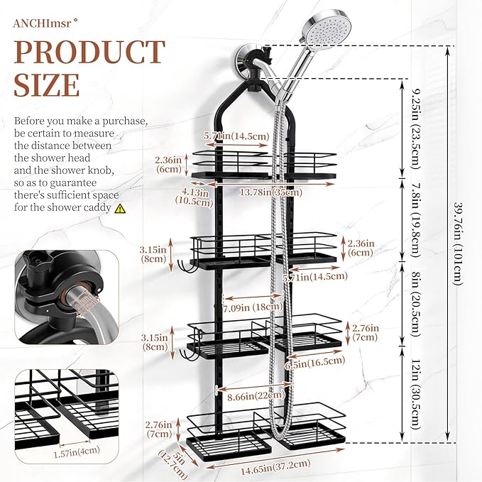 Adjustable Hanging Shower Caddy for Handheld Showerhead, 4-Tier Rustproof Shower Rack Baskets, Anti-Swing Hanging Shower Organizer for Bathroom Storage with 2 S-Hooks, Large Capacity, Black