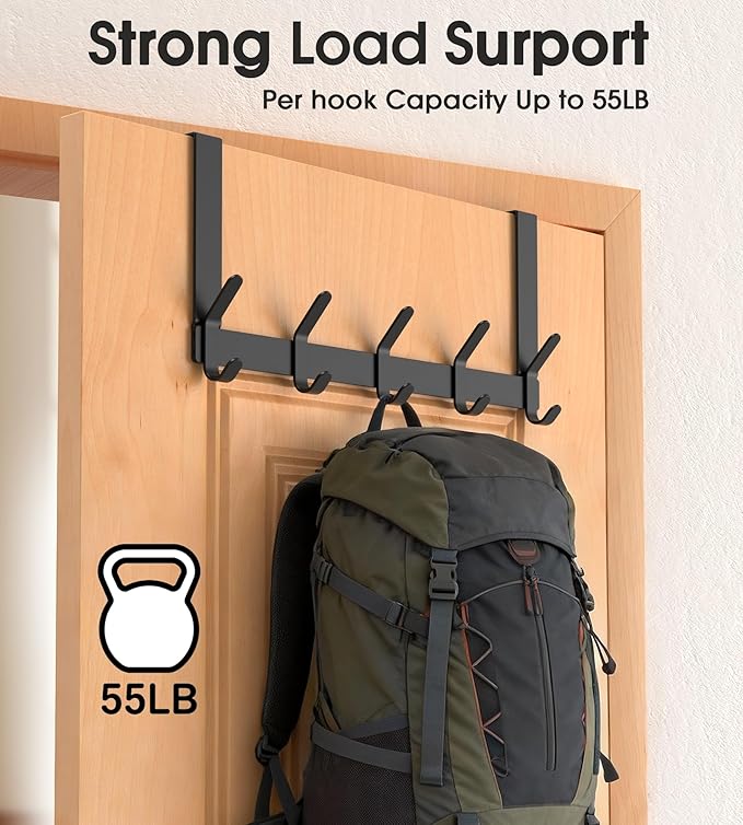 Over The Door Hooks Hanger with 7" Arms for Hanging Heavy Coats, Towel, J7U, Perfectly Fits US Standard 1 3/8-inch Doors, Towel Rack Bathroom Organizer Holder, Rustproof, Matte Black