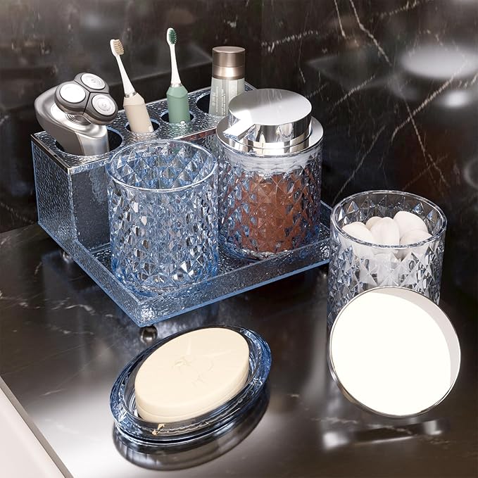 Glass Bathroom Accessories Set 5Pcs Crystal - Blue Foaming Soap Dispenser, Soap Dish, Cup, Acrylic Toothbrush Holder with Tray Organizer, Cotton Swab Jar, Bathroom Counter Set Sink Decor