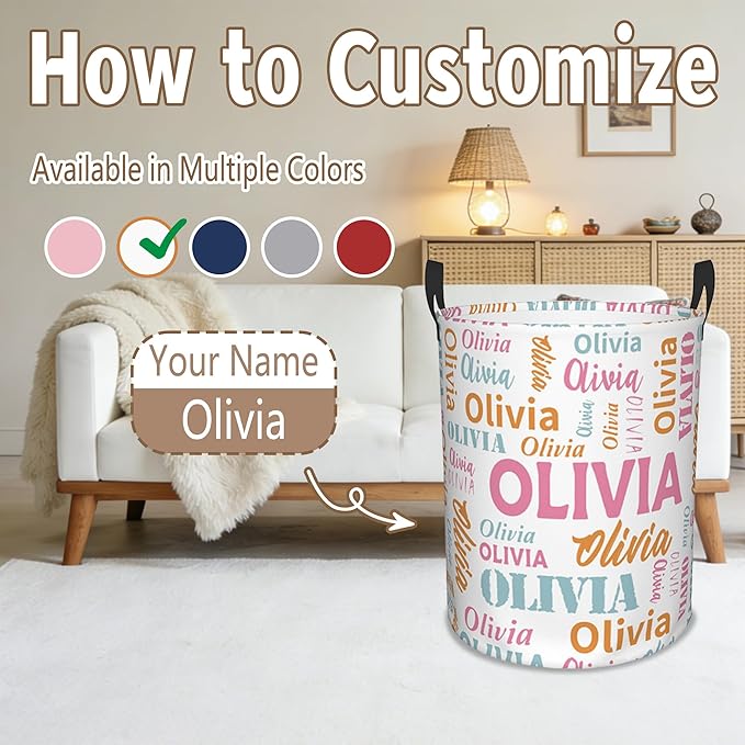 Custom Name Laundry Basket, Personalized Collapsible Laundry Hamper with Name for Bathroom Bedrooms, Customized Dirty Clothes Hamper Storage Basket Gifts for Kids Boys Girls Baby Men Women