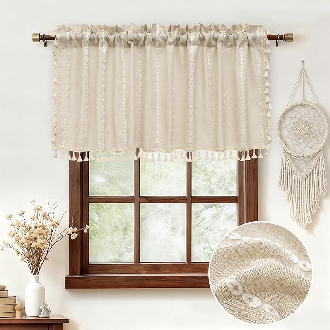 Boho Farmhouse Linen Valance Curtain, 52x18 inch Soft Light Filtering & Privacy Window Valance with Tassels for Living Room Kitchen Bathroom, Rod Pocket, Beige Cream