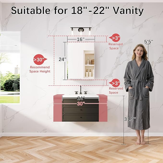 16x24 Medicine Cabinet with Mirror, 6 Adjustable Tempered Glass Shelves, Matte Black Aluminum Bathroom Storage, Soft-Close DTC Hinges, Surface or Recessed Mount, Tempered Beveled Mirror