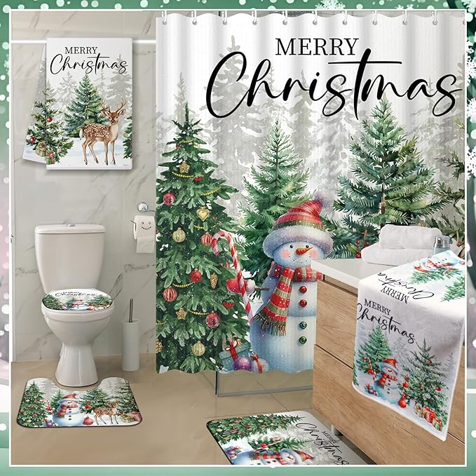Nuanchu 6 Pcs Christmas Shower Curtain Set with Rug Bathroom Sets with Shower Curtain Bath Mat U Shaped Mat Toilet Lid Cover 2 Bath Towels and 12 Hooks White Christmas Snowman Bathroom Decor