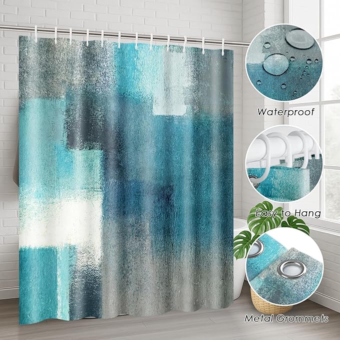 Turquoise Abstract Shower Curtain Set with Toilet Lid Cover and Non-Slip Rugs for Bathroom, Modern Painting Art 4 Pcs Shower Curtain, Vintage Grey White Bathroom Set with 12 Hooks