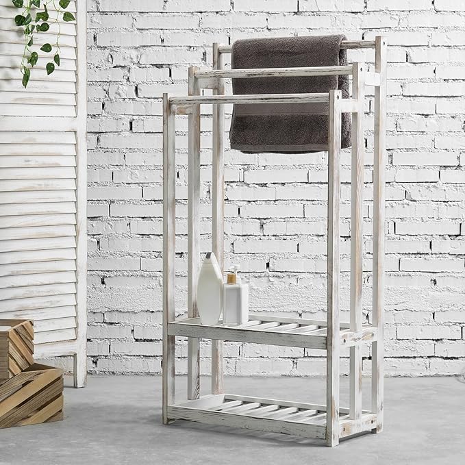 MyGift 3 Tier Bathroom Towel Rack Freestanding, Free Standing Bath Towel Drying Holder Stand with 2 Slatted Bottom Storage Organizer Shelf, Farmhouse Whitewashed Solid Wood