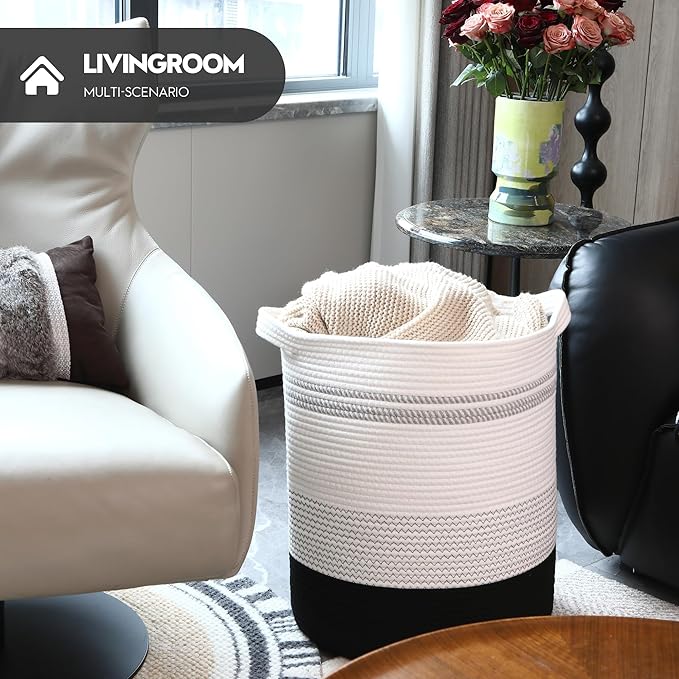 Sea Team Large Size Cotton Rope Woven Storage Basket with Handles, Laundry Hamper, Fabric Bucket, Drum, Clothes Blankets Organizer for Kid's Room, 18 x 20 inches, Round Open Design, White & Black