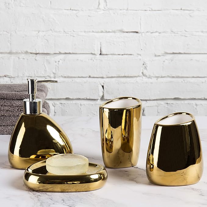 MyGift 4 Pcs Gold Bathroom Accessories Set with Toothbrush Holder, Soap Dispenser, Tumbler and Soap Dish, Bathroom Organizer Accessory for Modern Home Decor, Complete Ceramic