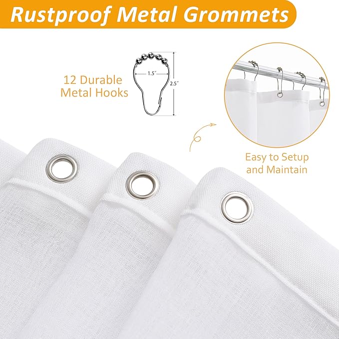 Naturoom Extra Long Shower Curtain 84 Length, Heavy Duty White Linen Fabric Shower Curtain Set with Liner and Hooks, Simple Elegant Country Farmhouse Bath Curtains for Bathroom, Mesh Top Window