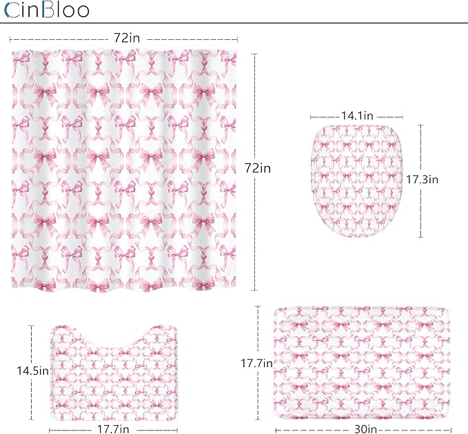 Cinbloo 4Pcs Pink Bow Shower Curtain Set, Retro Coquette Preppy Modern Fashion Pretty Sweet Girly Bathroom Curtain with Rug, Toilet Lid Cover, Bath Mat, Aesthetic Shower Curtain with 12 Hooks