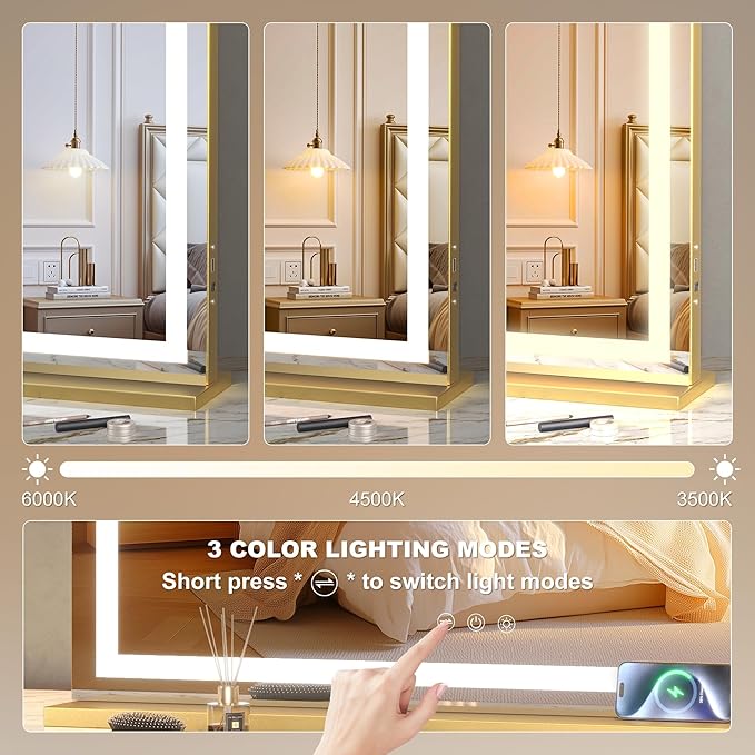 Hasipu Vanity Mirror with Lights, 32" x 24" LED Makeup Mirror, Lighted Makeup Mirror with Dimmable 3 Modes, Touch Screen Control Vanity Mirror Square Gold