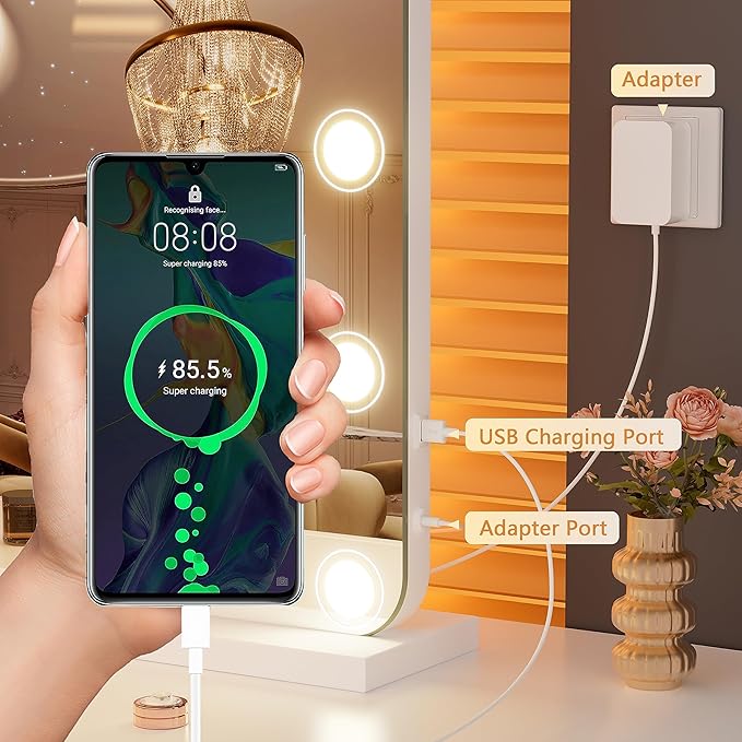 Hasipu Vanity Mirror with Lights, 32" x 24" Makeup Mirror, Light up Mirror with 14 Dimmable LED Lights and 10X Magnification, 3 Colors Modes, Touch Control, USB Charging Port, White (Round)