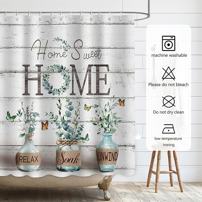 Farmhouse Shower Curtain, Green Eucalyptus Rustic Bathroom Decor with Waterproof Fabric, Country Style Relax Soak Unwind Butterfly Shower Curtains for Vintage Bathroom, 72x72 Inch