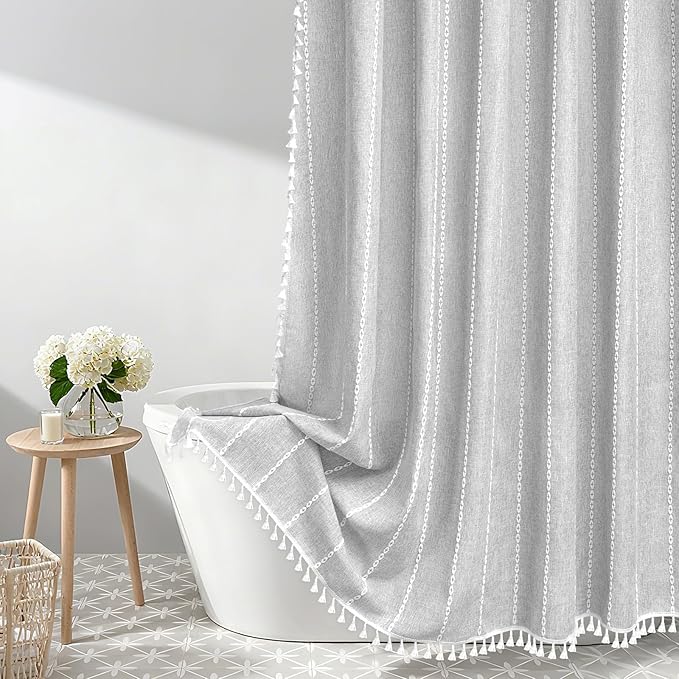 72 x 76 inch Extra Long Boho Chic Shower Curtain Heavyweight with Tassels, Grey Linen Textured Fabric Farmhouse Shower Curtain, Elegant Gray White Striped Bathroom Curtain Water Repellent