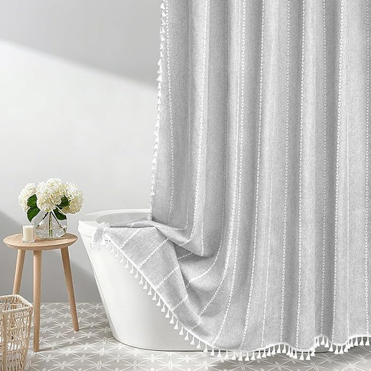 72 x 76 inch Extra Long Boho Chic Shower Curtain Heavyweight with Tassels, Grey Linen Textured Fabric Farmhouse Shower Curtain, Elegant Gray White Striped Bathroom Curtain Water Repellent