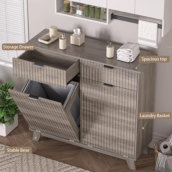 Wodeer Double Tilt Out Laundry Hamper Cabinet with 2 Drawers & Baskets, 20 Gallon Fluted Hidden Trash Can Cabinet, Farmhouse Wood Laundry Storage Cabinets for Bathroom, Kitchen, Grey