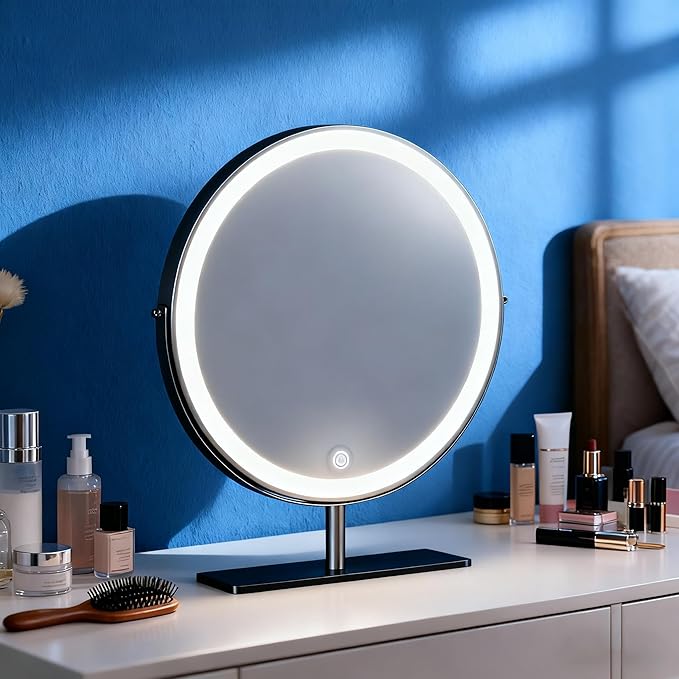 Vanity Mirror Makeup Mirror with Stand,15.8" Round Vanity Mirror, LED Lights, Smart Touch 360°Rotation, Dimmable White (Black)