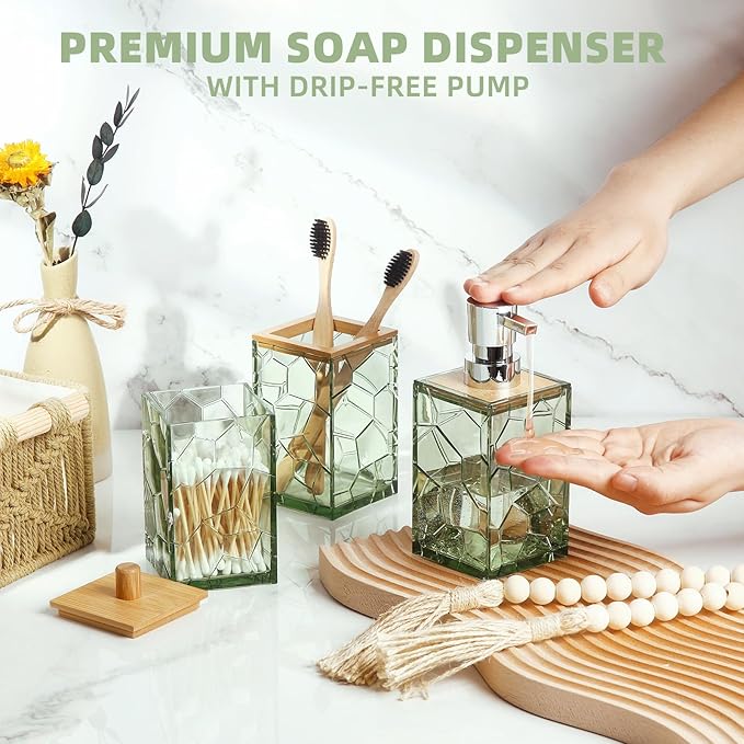 GAHEFY Sage Green Bathroom Accessories Set, Toothbrush Holder, Soap Dispenser, Cotton Swabs Holder, Soap Dish, Toilet Brush with Holder, Boho Bamboo Bathroom Decor,Acrylic (Green)