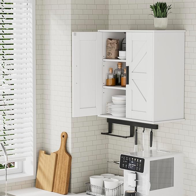 Homleke Bathroom Wall Cabinet, Over Toilet Storage Cabinet with Barn Doors and Adjustable Shelves, 3-Tier Medicine Cabinet Wall Mounted, for Bathroom, Kitchen, Entryway, Laundry Room, White, (11.8" D)