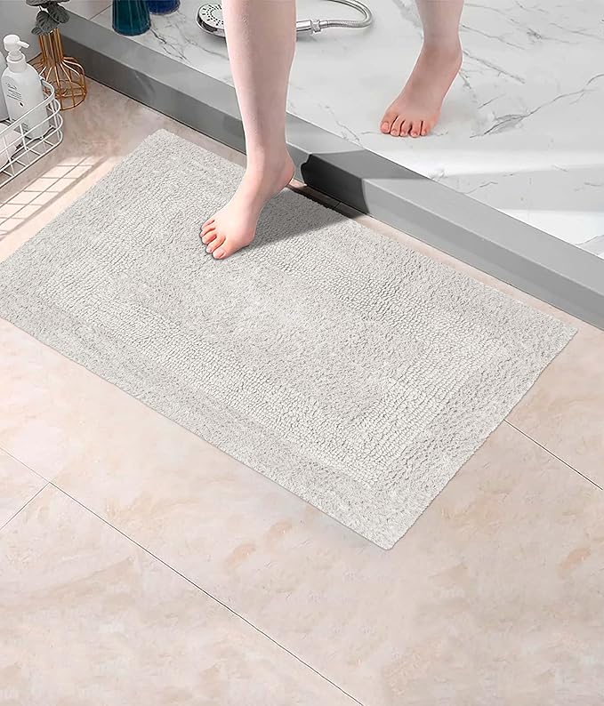 COTTON CRAFT Luxurious Bath Mat Rug - Set of 2 Reversible Heavyweight Step Out Bath Mats for Bathroom Floor, Tub and Shower - Pure Cotton Soft Plush Absorbent Tufted Racetrack Mat - 17 x 24 - Platinum