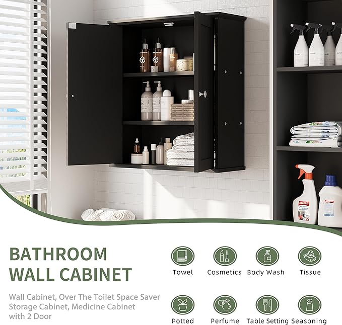 Walsunny Bathroom Medicine Cabinet Wall Mount with 2 Doors and 2 Shelves, Small Bathroom Cabinet Wooden Storage Cabinet Over Toilet Restroom Laundry Room Kitchen, Black