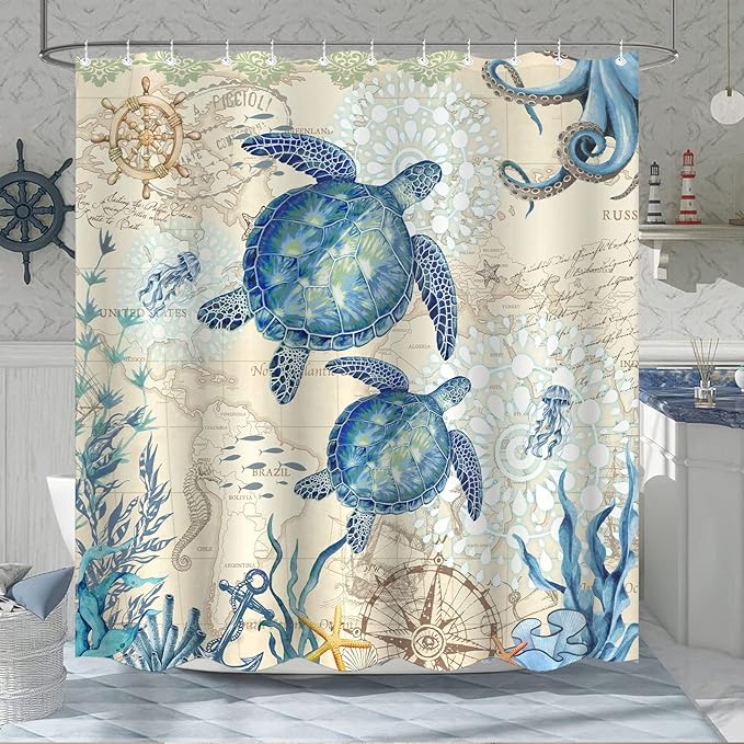 Aipon Nautical Sea Turtle Shower Curtain Ocean Octopus Beach Coastal Blue Seashell Jellyfish Theme Extra Long Waterproof Fabric Shower Curtains for Bathroom Bath Curtain Decor (Green6, 72'' × 78'')