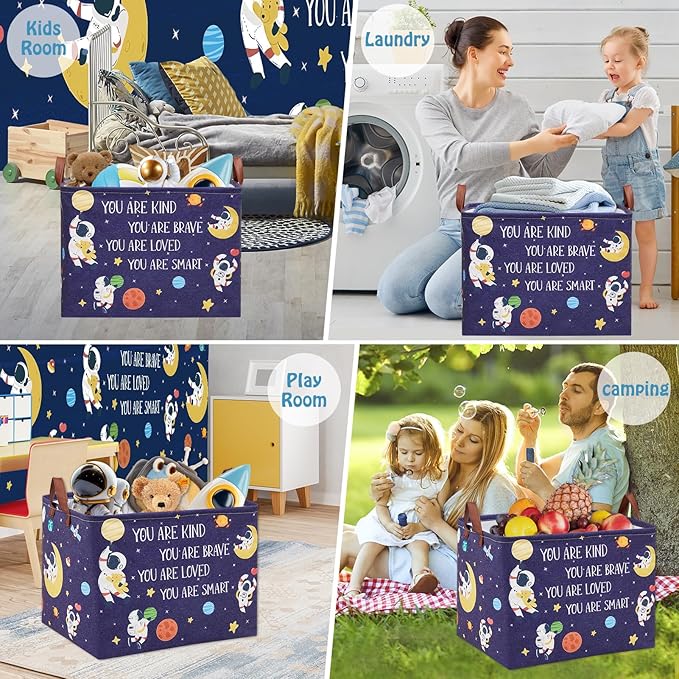 Space Room Decor Kid Storage Box,Boys Astronaut Planets Stars Organizer Toy Box Bin, Galaxy Spaceman Outer Space Blue Laundry Hamper for Baby Bedroom Classroom Nursery