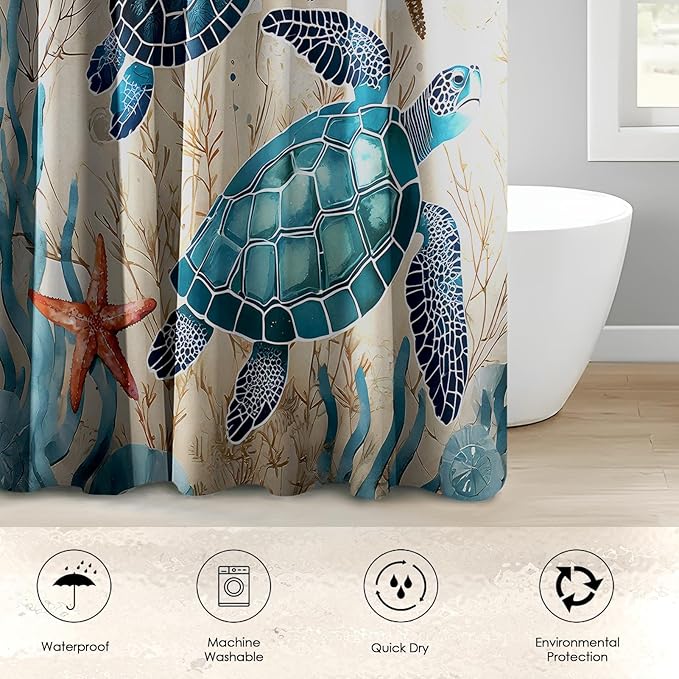 4 Piece Shower Curtain Set, Ocean Coral Sea Turtle Waterproof Bathroom Set Accessories with Non-Slip Rugs, Toilet Lid Cover Bath Mat and 12 Hooks, Blue Shell Animal Home Decor 72" x 72"