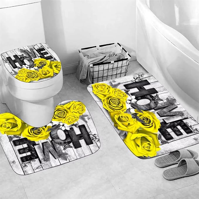 Yddsky Yellow Rose Valentines 4 Pcs Shower Curtain Sets Non-Slip Rugs Bath Mat Toilet Cover U Shaped Mat Romantic Yellow Bathroom Decor with 12 Hooks Valentines Day Bathroom Set