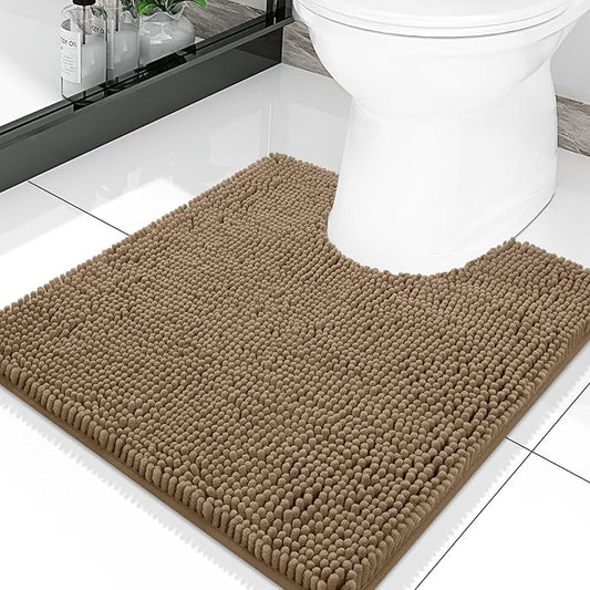 Smiry Luxury Chenille Toilet Rugs U-Shaped 20x20, Soft Absorbent Non-Slip Contour Bathroom Rugs for Toilet, Machine Washable Contoured Bath Mats, Camel