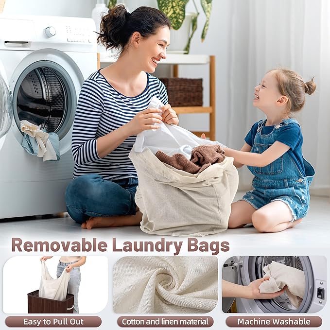 Aliphon 72L Slim Laundry Hamper with Lid, Foldable Bamboo Clothes Laundry Basket with Handles, Removable and Machine Washable Liner, for Bedroom, Bathroom, Dorm, Brown