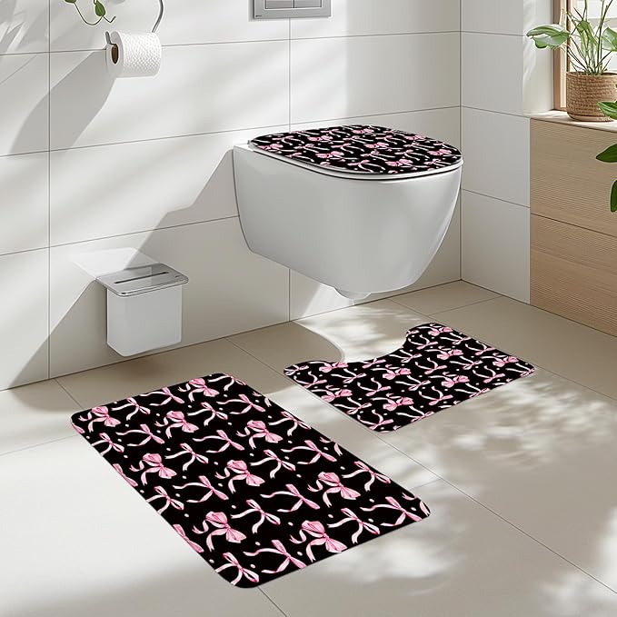 Cinbloo 4Pcs Black Pink Bow Shower Curtain Set, Retro Coquette Vintage Girly Preppy Cute Fashion Pretty Sweet Bathroom Curtain with Rug, Toilet Lid Cover, Bath Mat, Girls Shower Curtain with 12 Hooks