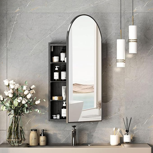 Black Arched Medicine Cabinets with Mirror,Bathroom Mirror Cabinet with Storage,Brushed Black Arch Medicine Cabinet Surface Mount Only,Right Hinges,16 x32 Inch