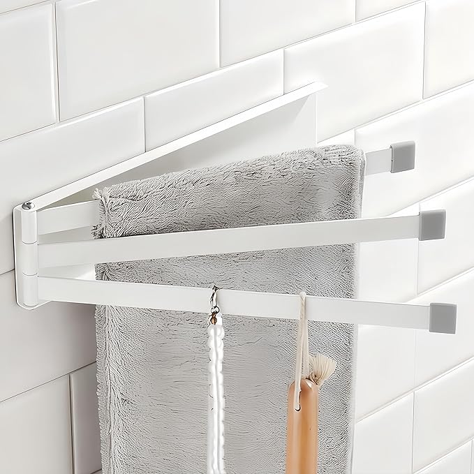 Small Swivel Foldable Towel Rack, Elfthloo 24cm(9.45 in) Rotating 3-Arm Towel Bar Rod, Space Saving Wall Mounted Holder, Stainless Steel Swing Out Hanger for Bathroom, Kitchen (1 Pack, White)
