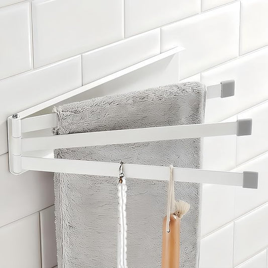 Small Swivel Foldable Towel Rack, Elfthloo 24cm(9.45 in) Rotating 3-Arm Towel Bar Rod, Space Saving Wall Mounted Holder, Stainless Steel Swing Out Hanger for Bathroom, Kitchen (1 Pack, White)