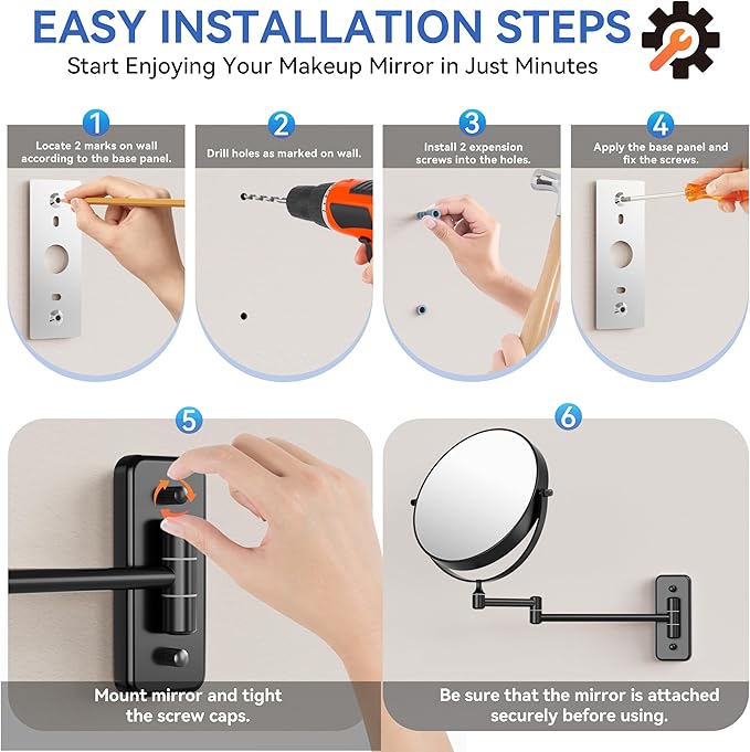 Auxmir 1X/30X Wall Mounted Makeup Mirror, Double Sided Magnifying Mirror with Tweezers, Bathroom Makeup Mirror, Cosmetic Vanity Mirror with 360 Rotation Extendable Swivel Arm, Black