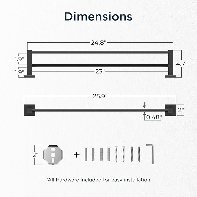 FORIOUS Black Double Towel Bar 24 Inch, Double Towel Racks for Bathroom Wall, Heavy Duty SUS304 Stainless Steel Square Dual Towel Bar Wall Mount, Matte Black