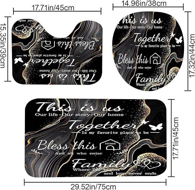 juwute 4Pcs Family Marble Shower Curtain Sets with Rugs,Black Home Inspirational Bathroom Decor Set, Bathroom Sets with Shower Curtain and Rugs, Waterproof Bathroom Shower Curtains, with 12 Hooks