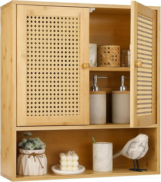 Bamboo Cabinet Wall Mount, Rattan Medicine Cabinet with Shelves and Doors, Wall Cabinet Above Toilet, Storage Organizer for Laundry Room, Kitchen, Living Room