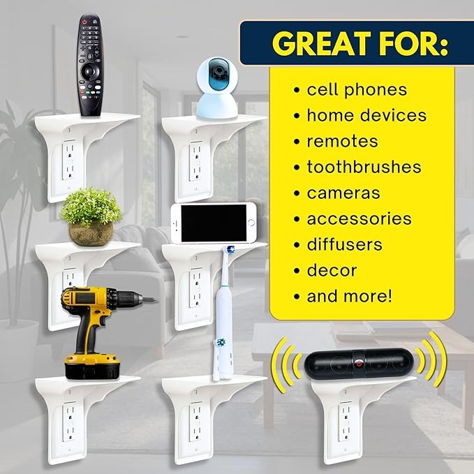 BeraTek Power Perch Wall Outlet Shelf with Cord Storage Strap - Declutter & Reclaim Bathroom Counter Space - Echo Dot Stand, Homepod Mini Wall Mount, Smart Home Devices Organizer - White, 4-Pack