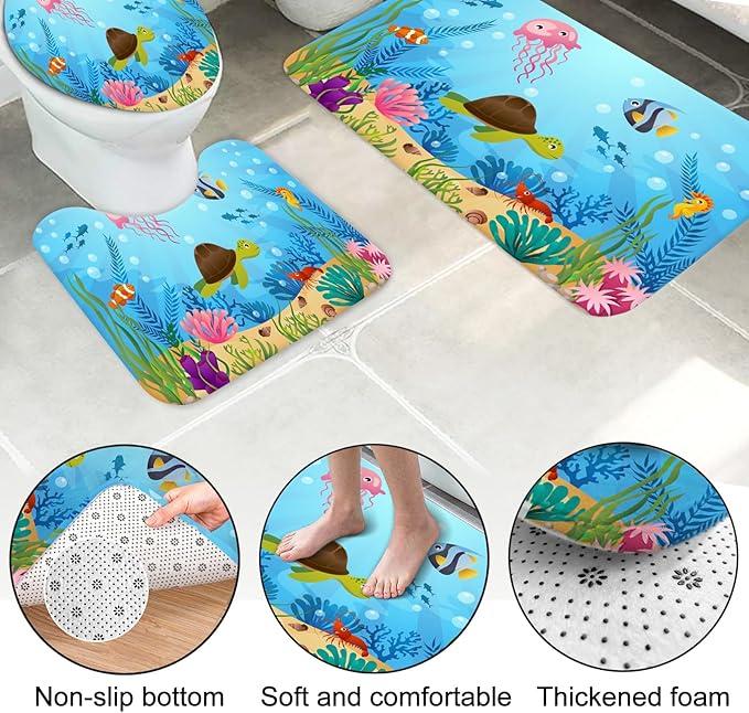 Lnond 4 Pcs Kids Bathroom Shower Curtain Set, Ocean Sea Turtle Bathroom Sets for Kids Bathroom Decoration with Shower Curtain, Non Slip Bathroom Rugs, Toilet Lid Cover, U Toilet Mat and 12 Hooks