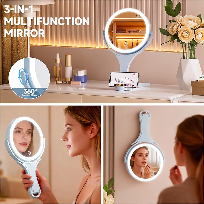 Hasipu Portable Travel Makeup Mirror with Lights – 360° Rotating with 1X/10X Magnifying, Rechargeable Tabletop Handhold Hanging 3 in 1 Mirror (Blue)